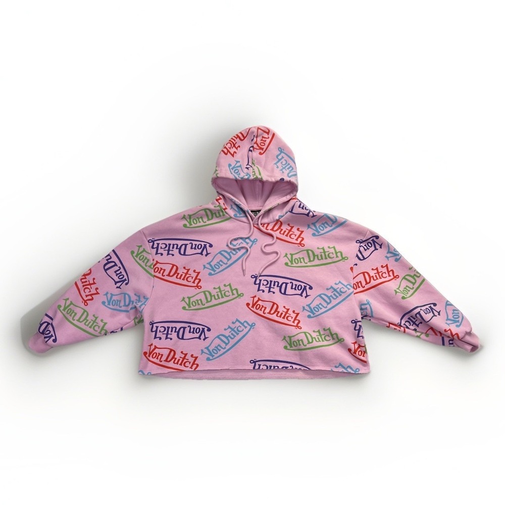 Von Dutch Pink All Over Logo Hoodie Sweatshirt Cropped Y2K Streetwear Womens S - Picture 3 of 9